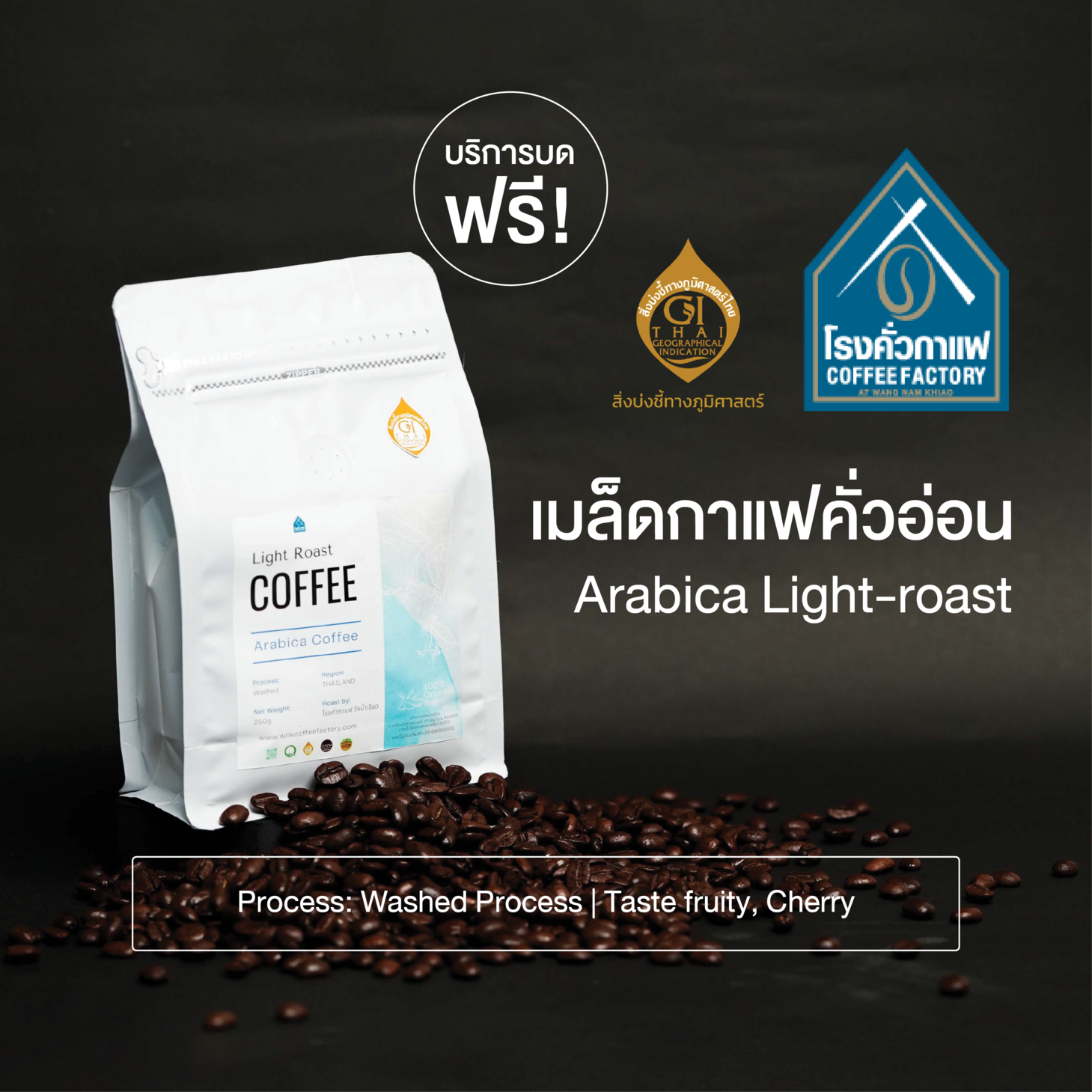 [โรงคั่วกาแฟ วังน้ำเขียว] เมล็ดกาแฟคั่วอ่อน-เมล็ด Arabica Light-Roast 250 กรัม